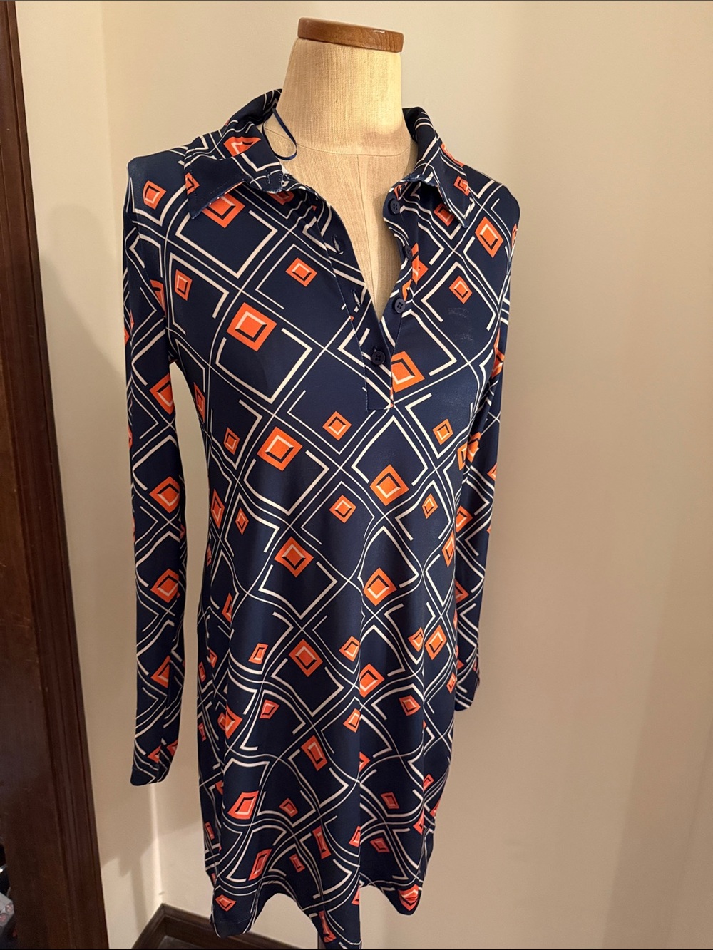Zara Navy Blue Geometric Print Shirt Dress with Orange Accents